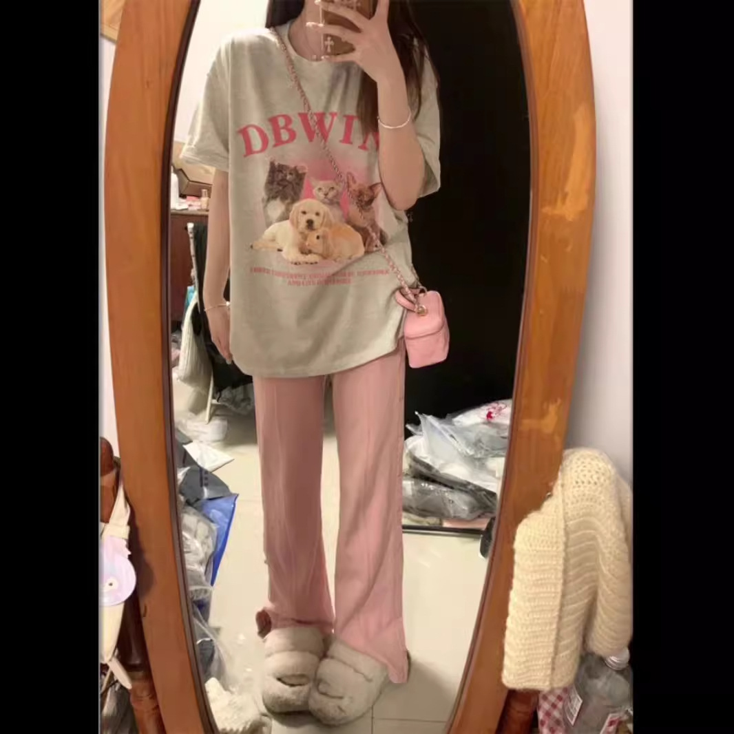 休闲慵懒风灰色百搭t恤女oversize夏季大码短袖ins潮港味复古上衣