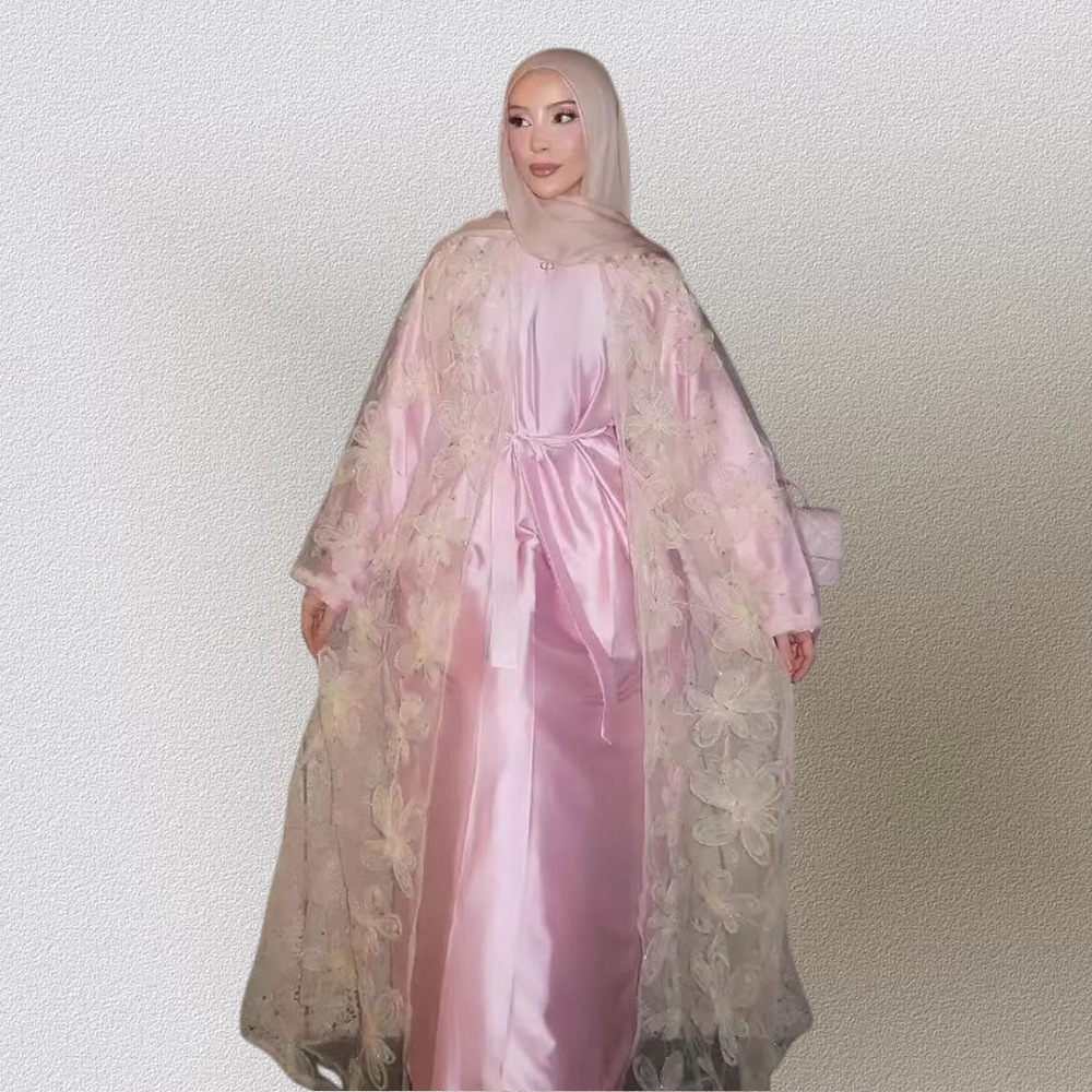 Women's Pink Embroidered Cardigan Robe Dress Innerwear Set Tie Waist Middle East Dubai 2025 Autumn New Fashion Muslim Clothing_ecoleips.com
