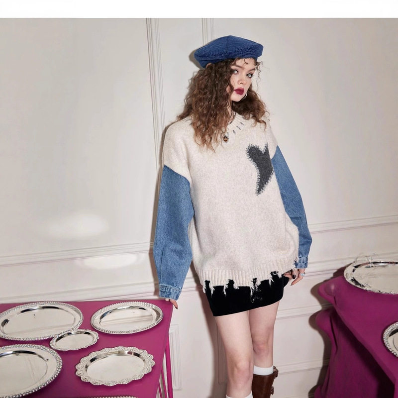 Fairy's Pocket Denim Patchwork Sweater Women's 2025 Spring New Style with Loose Design Niche Mid-Length Style