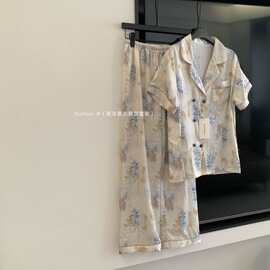 南法意式高定套装睡衣女春夏新款翻领凉快丝滑短袖长裤家居服批发
