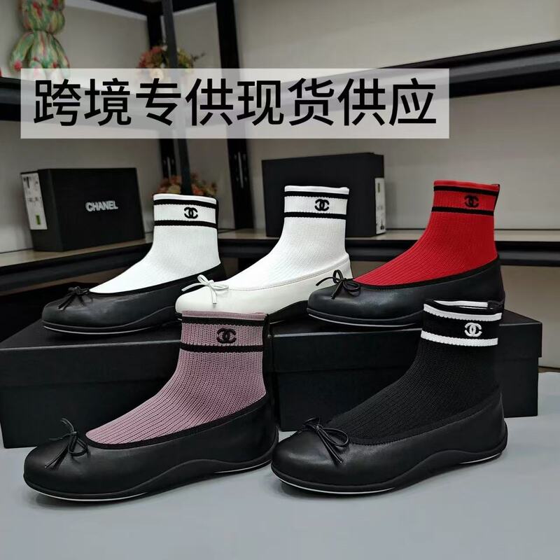 Putian shoes cross-border bestseller: Double C Chanel-style patchwork ballet sock boots for women with bowknot, flat-soled, high-elasticity sock boots Putian shoes cross-border bestseller: Double C Chanel-style patchwork ballet sock boots for women with bowknot, flat-soled, high-elasticity sock boots