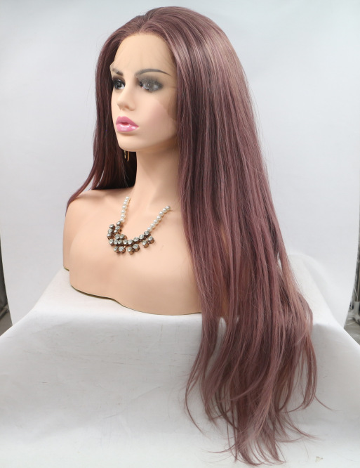 Europa y los Estados Unidos pelucas populares marrón medio largo cabello recto fibra química delantera encaje mitad gancho mano