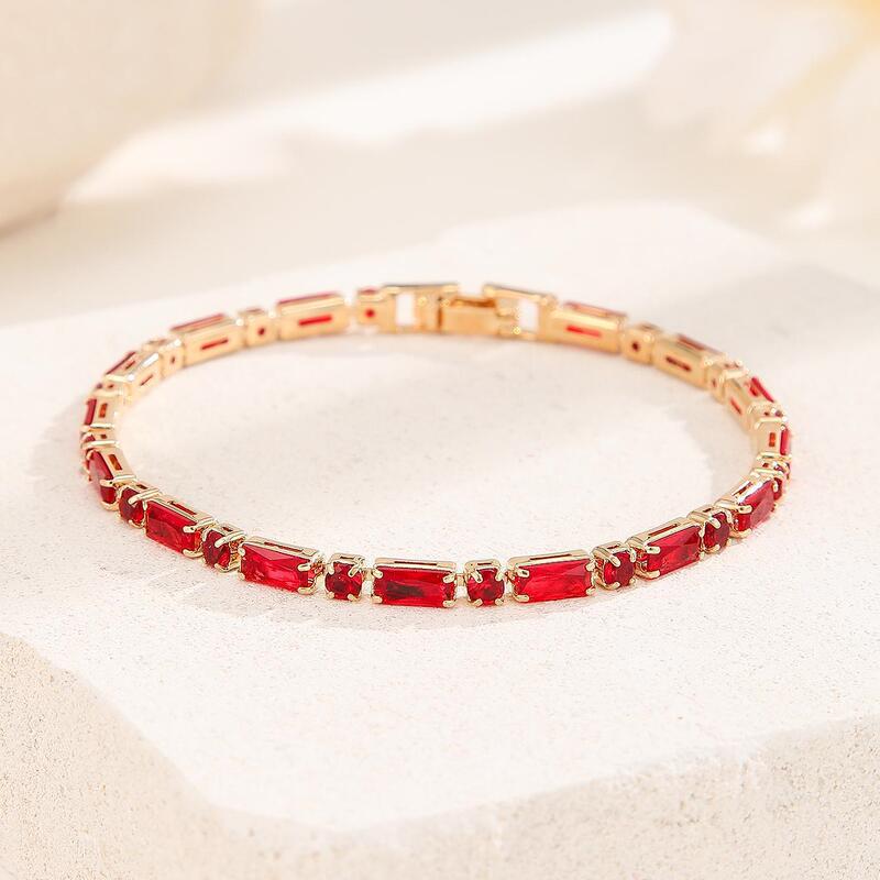 Light Luxury and High-End Red Zircon Tennis Bracelet for Women, Rectangular Red Diamond Gold-Plated Exquisite Bracelet, Elegant and Versatile Hand Accessory