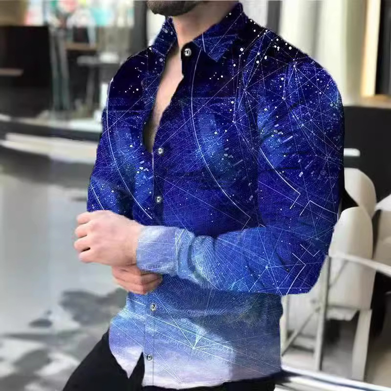 跨境外贸新款男3D印花欧美休闲街潮数码印花长袖衬衫男款修身衬衣|undefined