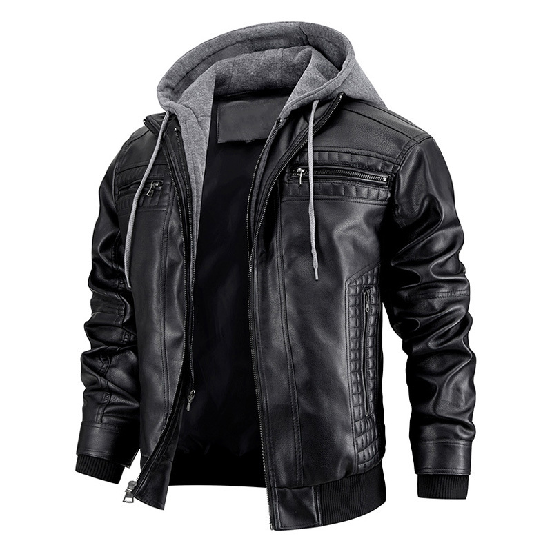 Men's Clothing hooded PU leather jacket leather jacket men's winter new warm coat _voghion.com