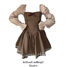 甜酷风少女棕色泡泡长袖收腰显瘦连衣裙设计感法式气质短款蓬蓬裙