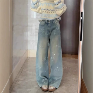 韩版时尚碎花闪钻阔腿牛仔裤女秋冬季新款高腰显瘦直筒拖地牛仔裤