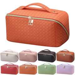 Amazon exclusive toiletry bag PU leather small square woven pattern storage large capacity multifunctional cosmetic bag high-end
