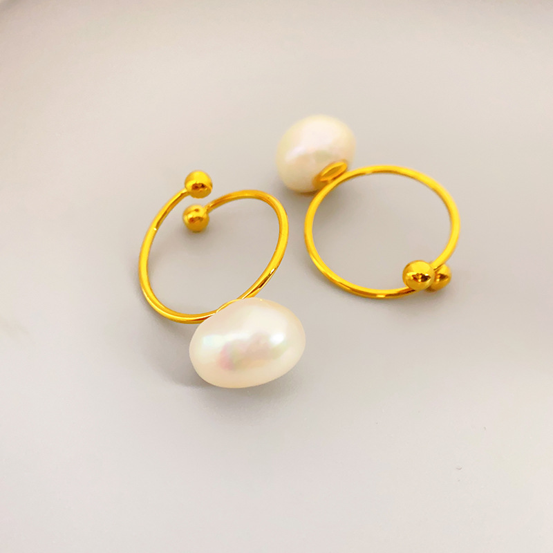 鑲嵌巴洛克淡水養殖珍珠素圈簡約開口可調節戒指女新穎時尚食指戒