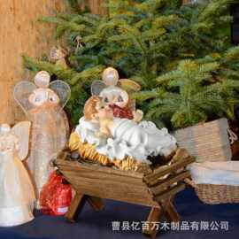 木质圣诞场景装饰摆件实木工艺品跨境婴儿洗礼马槽装饰桌面摆件