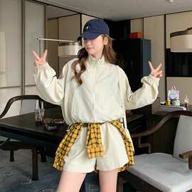 韩系休闲运动防晒套装女夏季2026新款薄款立领工装外套短裤两件套