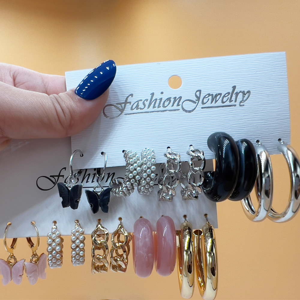 2022歐美新款創意簡約女士幾何蝴蝶珍珠樹脂鏈條耳環套裝earings