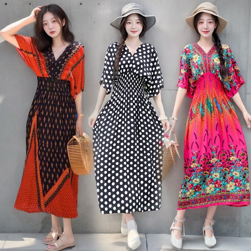 Cross-border Ethnic Style V-neck Cotton Silk Short-sleeved Beach Dress Thailand Travel Dress Summer Printed Holiday Floral Dress Cross-border Ethnic Style V-neck Cotton Silk Short-sleeved Beach Dress Thailand Travel Dress Summer Printed Holiday Floral Dress