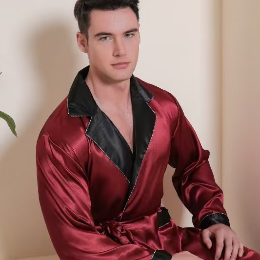 국경 간 남성 유럽 크기 플러스 사이즈 카디건 긴 소매 잠옷 더블 포켓 대외 무역 실크 홈 옷 단색 긴 소매