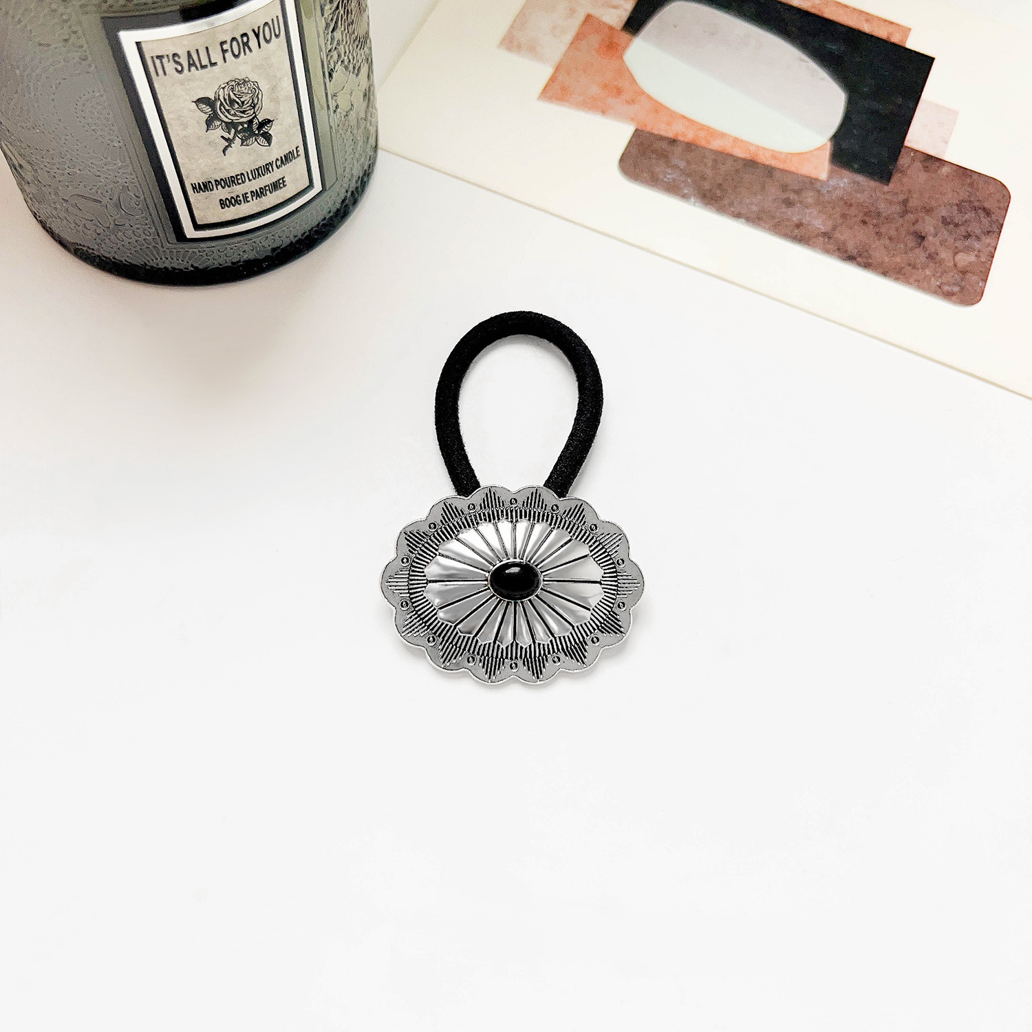 고대 실버 4.5cm 타원형 꽃 모조 블랙 청록색