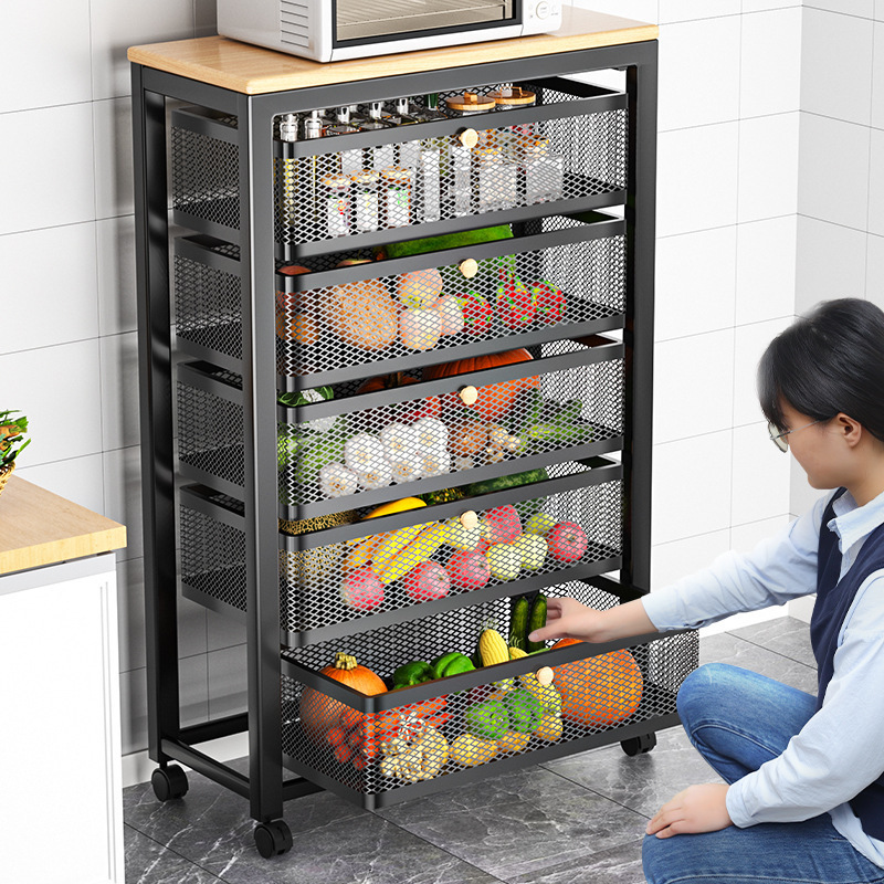 キッチン野菜バスケット収納ラック家庭用モバイル床置き多層果物と野菜の収納バスケット多機能電子レンジラック|undefined