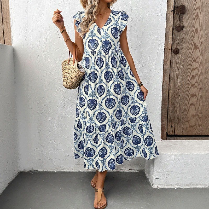 Robe longue imprimée ample à col V profond style vacances K New Vacation Style_voghion.com