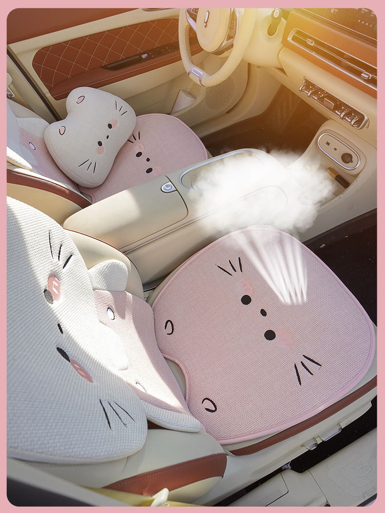 Internet Celebrity Car Seat Cushion for All Seasons, Linen Breathable Car Rear Seat Cushion, Cute Cat Cartoon Seat Cover for Women
