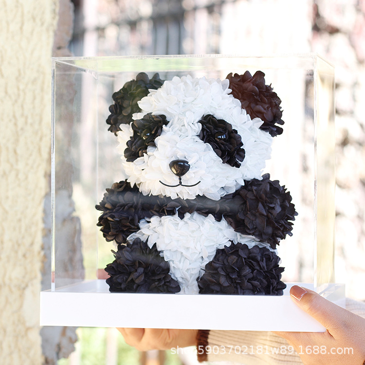 Día de San Valentín flor eterna gigante Panda bola hydrangea muñeca caja de regalo de acrílico para novia regalo de cumpleaños al por mayor