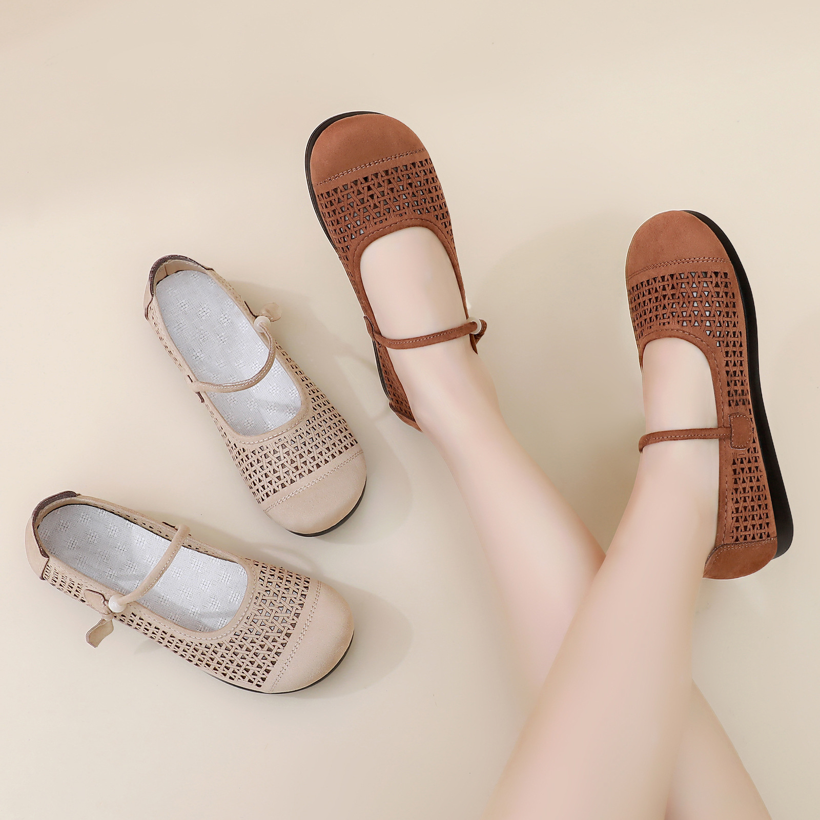Redonda cabeza Mary Jane zapatos de piel de cordero plano zapatos de mujer de verano nuevos zapatos agujeros huecos con tacones bajos