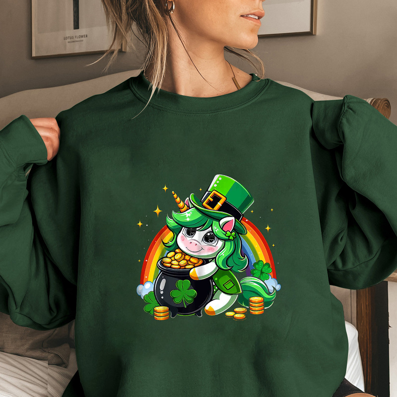 Autumn and Winter Unicorn St. Patrick's Day Clover New Cross-Border Export Long-Sleeved Round Neck Sweatshirt Autumn and Winter Unicorn St. Patrick's Day Clover New Cross-Border Export Long-Sleeved Round Neck Sweatshirt