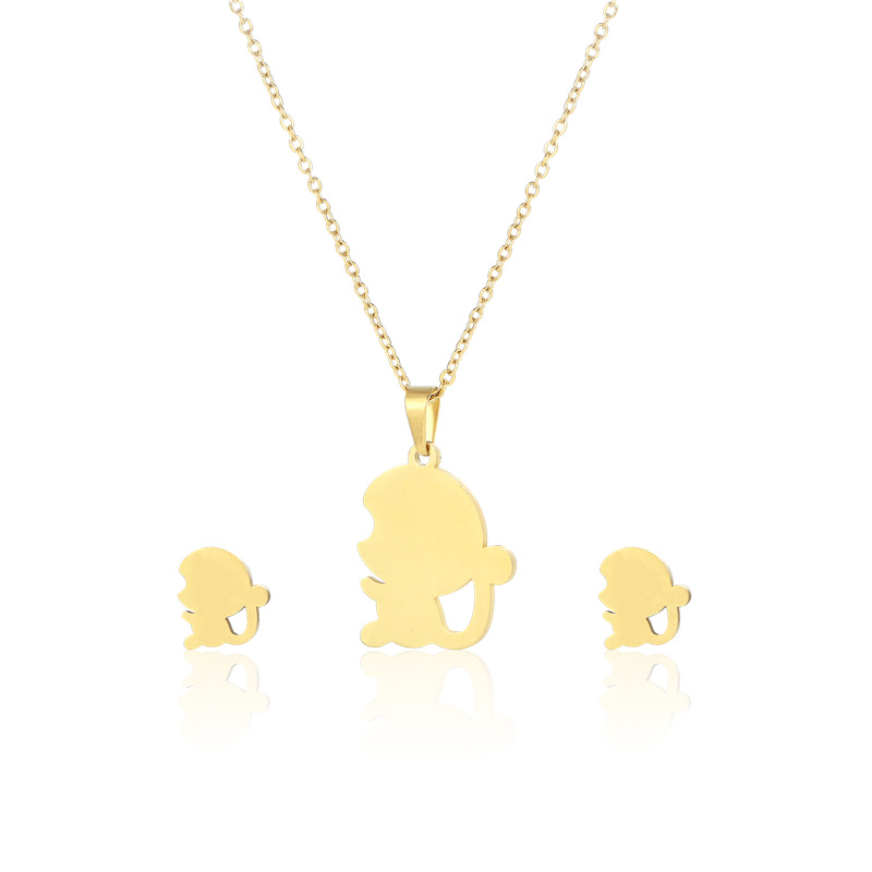 fashion hollow monkey pendant necklace earrings set stainless steel jewelry