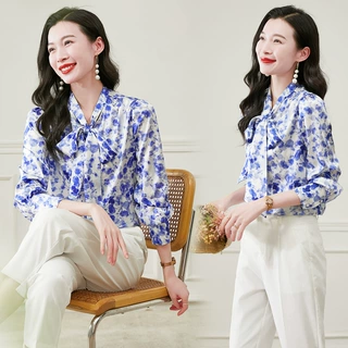 春季新款系带蝴蝶结时尚优雅知性真丝长袖衬衫高端大气印花女上衣
