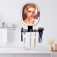 led浴室防霧鏡剃鬚鏡壁掛式化妝鏡帶置物架剃鬚刀掛勾男士剃鬚鏡