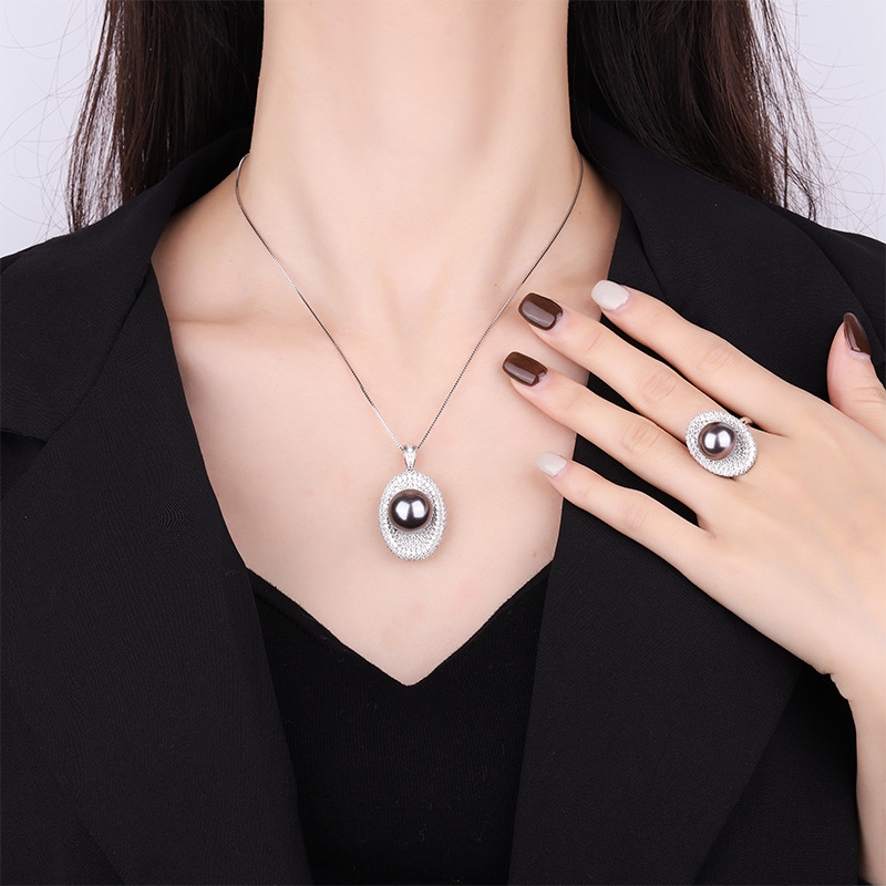 Zhuang Sheng joyería S925 plata incrustaciones aobei madre perla vintage europeo y americano gris perlas joyería traje 14 mm12mm