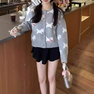 秋冬新款小狗提花撞色立体蝴蝶结圆领针织开衫单排扣甜美毛衣外套