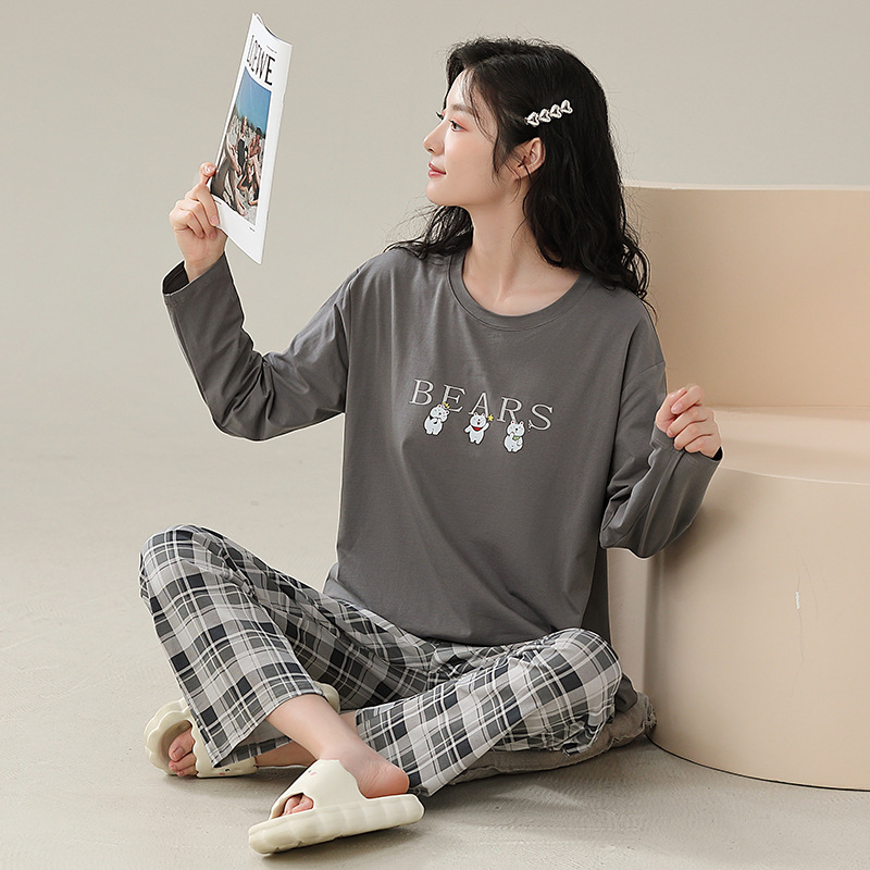 봄과 가을 간단한 홈 의류 세트 여성용 편안한 느슨한 회색 풀오버 크루 넥 긴팔 체크 무늬 바지 투피스 세트