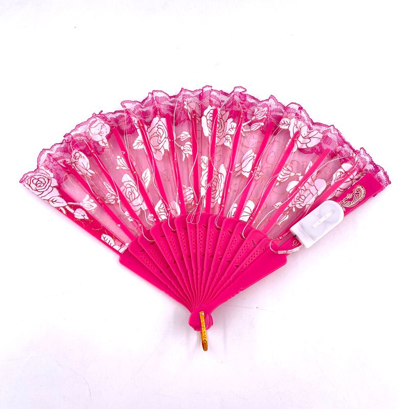 #593-4 7寸-6V双功能-玫瑰蕾丝扇玫红色粉色