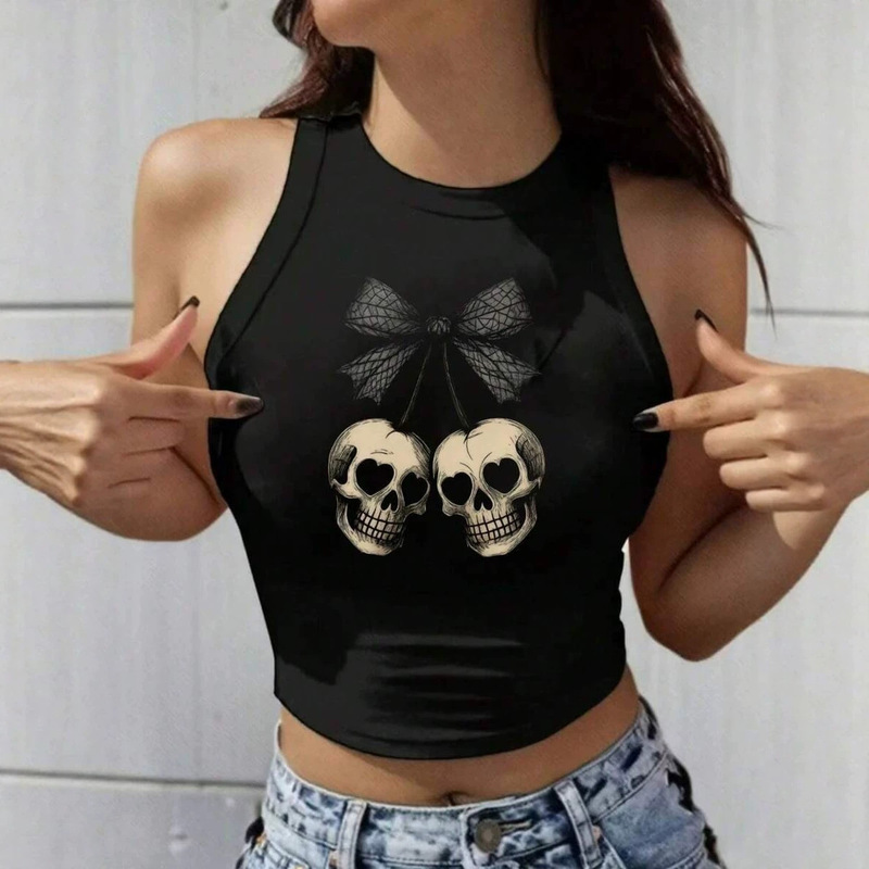 Black skull cherry bow print tank top for women, short, cropped, slim fit, gothic, sweet, cool, and edgy style, export-quality top