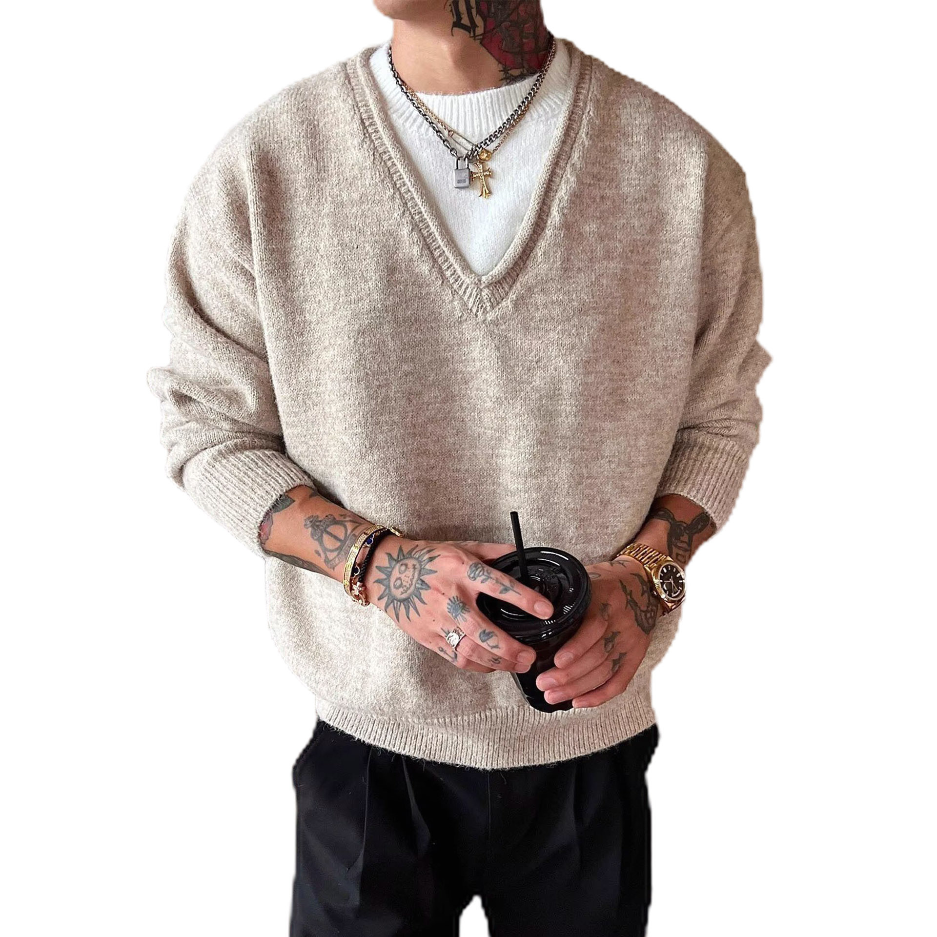 Explosiones transfronterizas de tamaño grande europeo falso dos piezas de cuello en V coreano jersey suéter masculino empalmado otoño y invierno fábrica de marea al por mayor