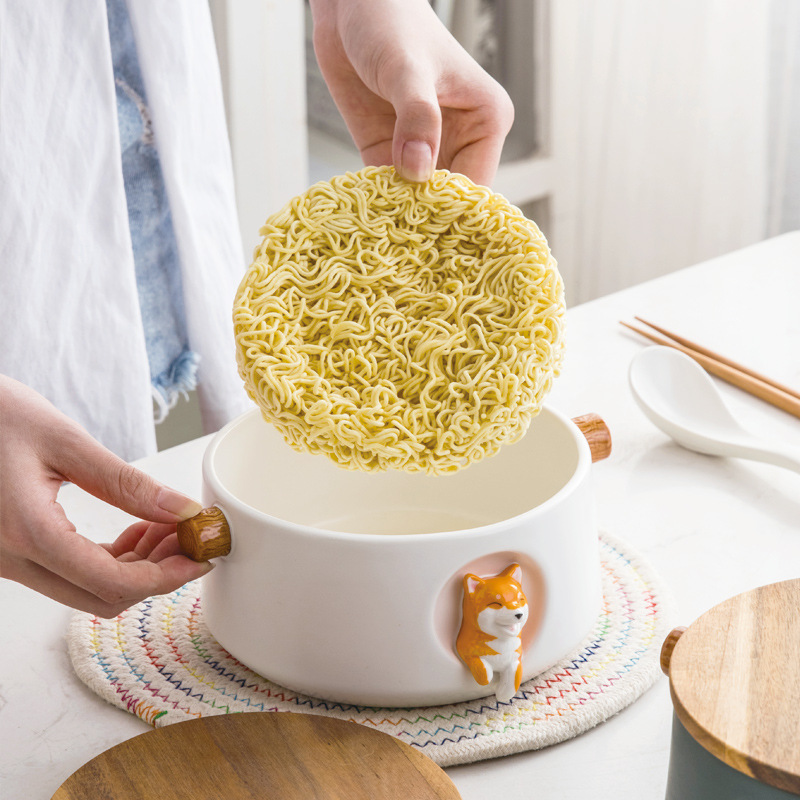 Cerámica tazón de fideos instantáneos con tapa Shiba Inu gran estudiante dormitorio fideos instantáneos taza tazón set Bento caja regalo