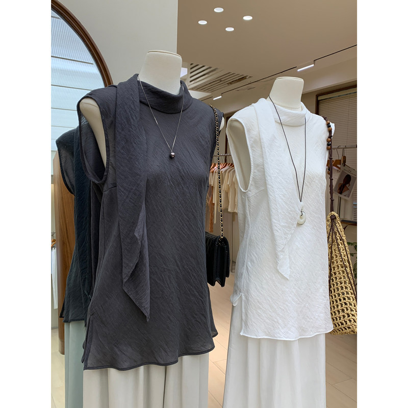 Cool and Stylish Stand-Collar Sleeveless Shirt with Draped Back and Ribbon for Women, Summer Korean Style, Mature and Loose-Fitting Slimming Top