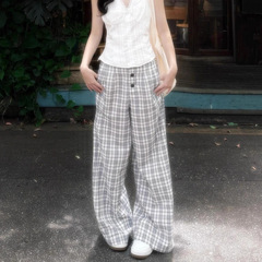 2025新款韩版格子休闲裤女夏季薄款宽松显瘦百搭直筒通勤拖地长裤