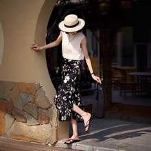 「水墨佳人」气质优雅印花醋酸真丝 墨染连衣裙开叉半裙2026夏女