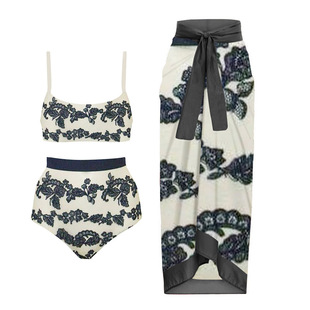 Elegant Blue and White Floral Swimsuit Two-Piece Suspender High-Waisted Bikini Casual Swimsuit Split with Half-Length Cover-Up Skirt