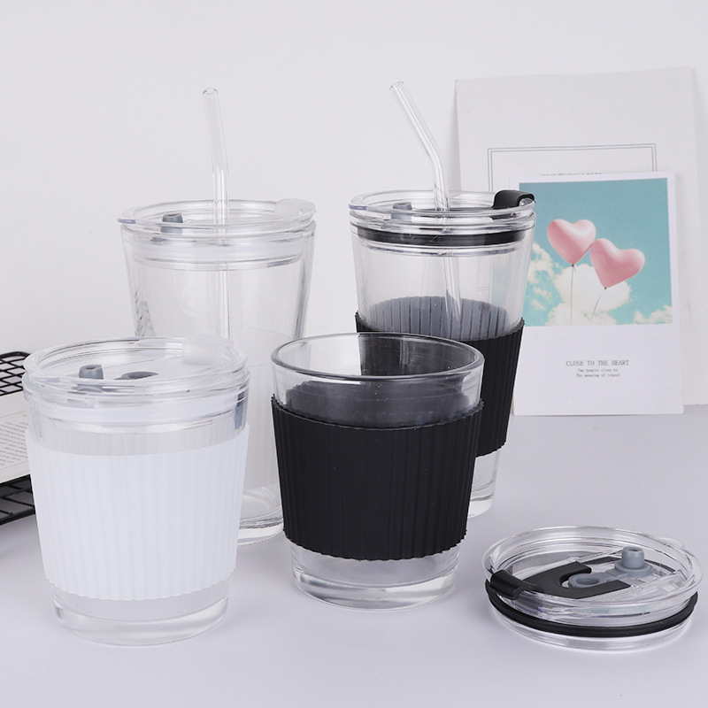 Transparent glass straw cup with a small small portable coffee cup high-value pearl milk tea cup can do logo
