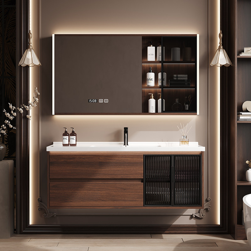 2025 New Model Mid-Century Style Walnut Color Bathroom Cabinet Set with Integrated Ceramic Washbasin 2025 New Model Mid-Century Style Walnut Color Bathroom Cabinet Set with Integrated Ceramic Washbasin