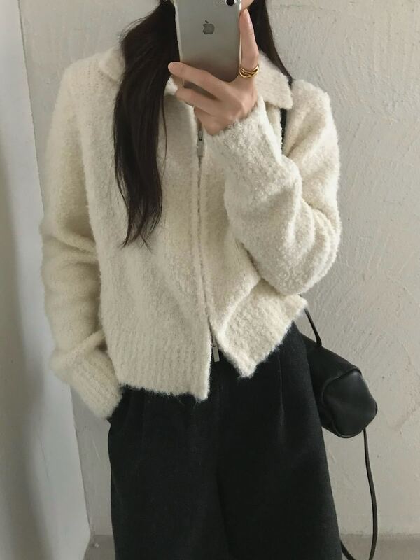 圈圈纱甜美翻领韩系针织开衫女秋冬新款宽松显瘦减龄软糯毛衣外套|undefined