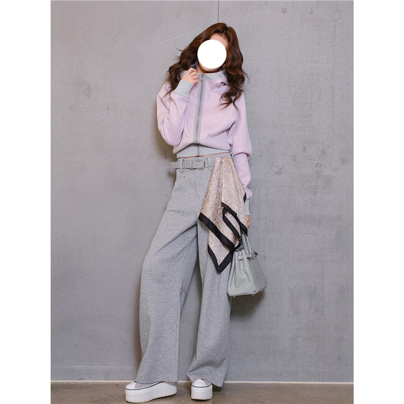 Shenzhen Nanyou Sports Suit Women's Autum Unique and Beautiful European Double-Sided Color-Blocked Sweatshirt Wide-Leg Pants Two-Piece Set