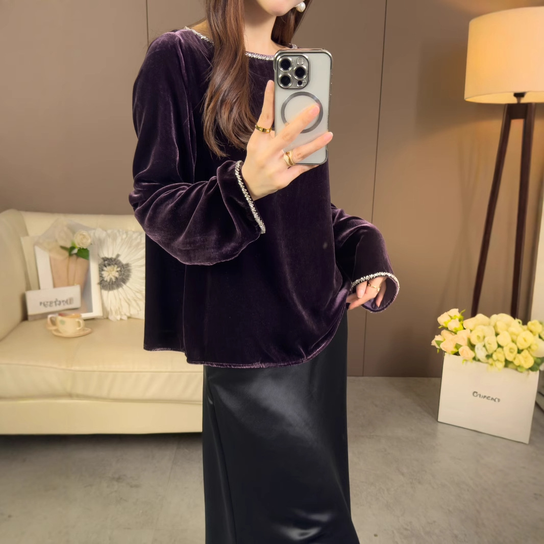 2025 Silk Velvet Pure Handmade Beading Design Round Neck Simple