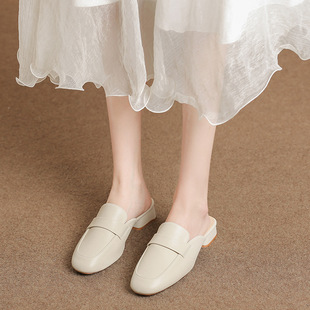 Slip-on Baotou Half Slip-on Muller Shoes Summer Outer Wear Leather Shoes 3CM Casual Women's Square Head Thick Heel Sandals