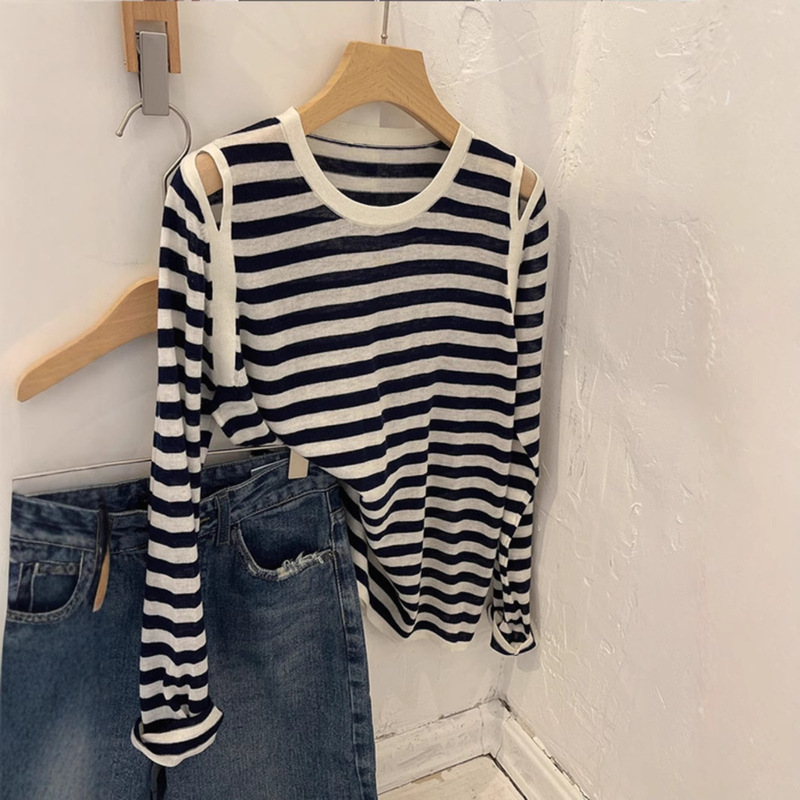 European Hollow-out Long-sleeved Sweater Women's Thin Shirt Soft Waxy Loose Black and White Striped Sweater Shoulder Base Top