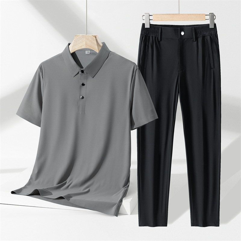 Light Business Summer High-end Casual Suit Men's Seamless Ice Silk Polo Shirt Middle-aged Men's Ice Silk Pants Two-piece Set