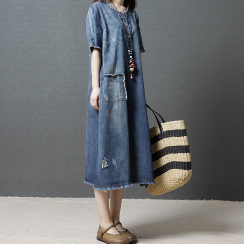 Summer retro design long denim dress