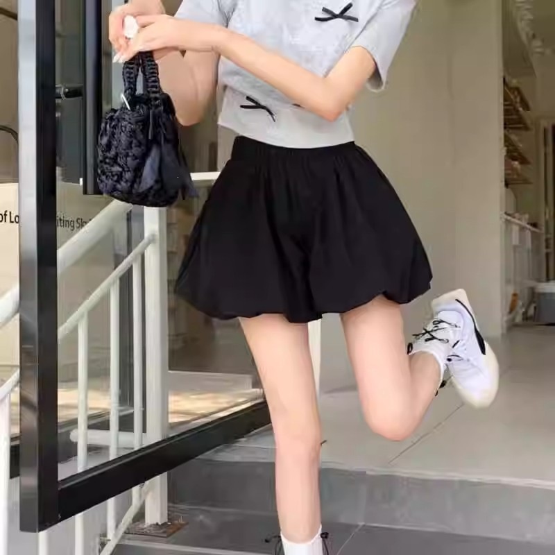韩系花苞蓬蓬百搭短裤女夏季2026新款小个子黑色高腰阔腿休闲裤子