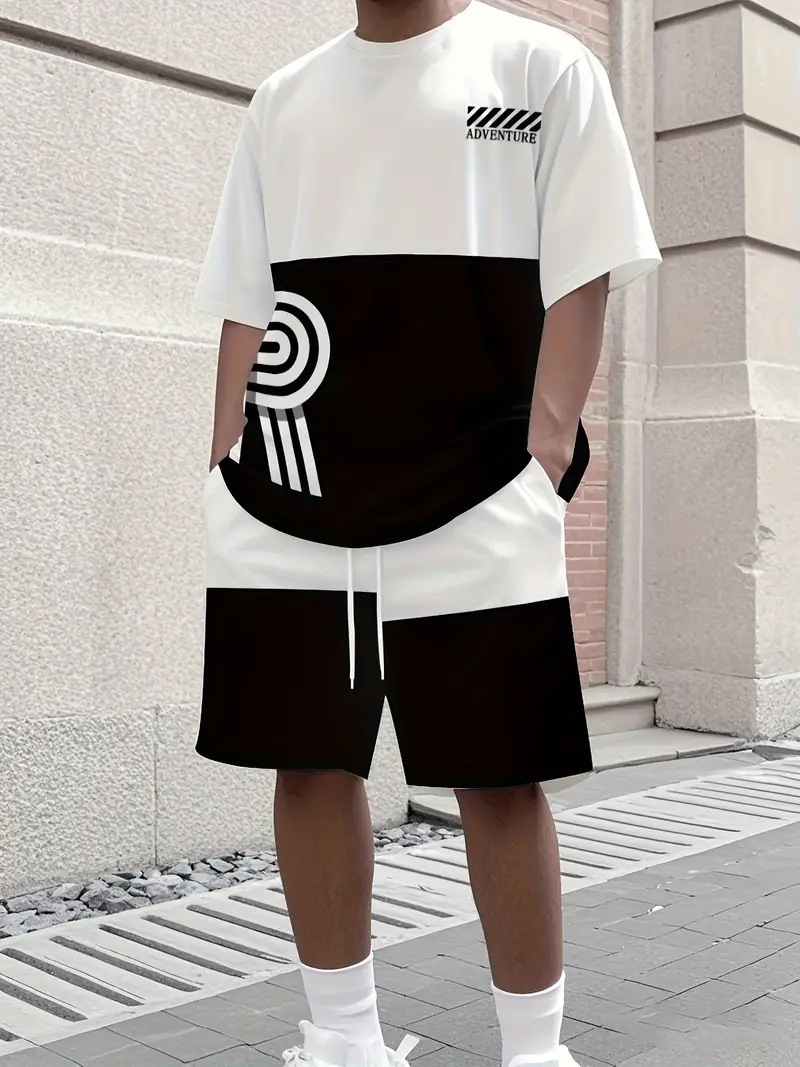 Men's Summer Gradient Letter 3D Digital Print T-Shirt And Shorts Set Trendy Casual Basic Comfortable Two-Piece Outfit_viptrois.com